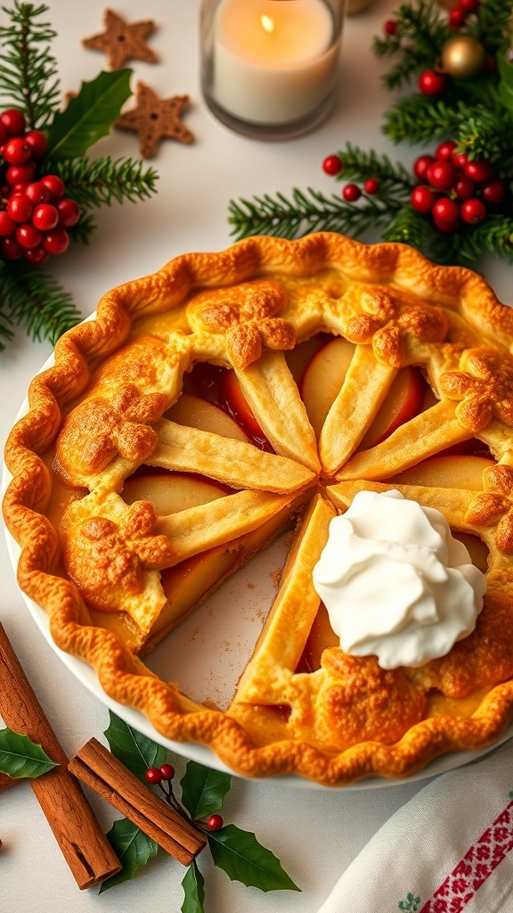 Festive Christmas Desserts with Pie Crust A golden apple pie on a festive table, garnished with whipped cream and holiday decorations.